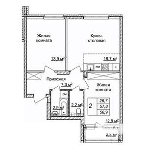 2-к квартира, строящийся дом, 59м2, 2/25 этаж