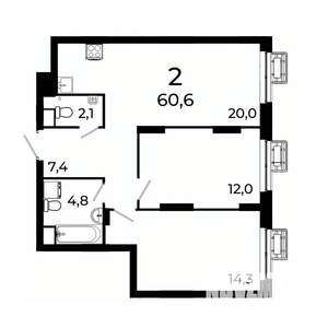 2-к квартира, вторичка, 61м2, 13/19 этаж