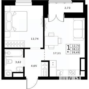 1-к квартира, строящийся дом, 39м2, 14/24 этаж