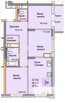 3-к квартира, вторичка, 68м2, 12/25 этаж