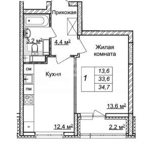 1-к квартира, вторичка, 34м2, 23/25 этаж