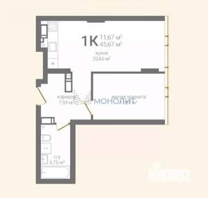 1-к квартира, вторичка, 46м2, 23/25 этаж