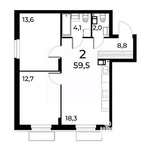 2-к квартира, вторичка, 60м2, 7/15 этаж
