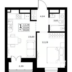 1-к квартира, строящийся дом, 37м2, 22/24 этаж