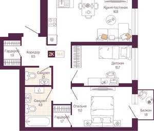 2-к квартира, вторичка, 58м2, 2/19 этаж