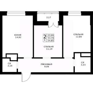 2-к квартира, строящийся дом, 55м2, 19/24 этаж