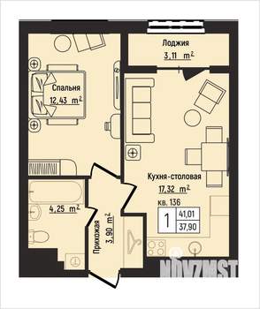 1-к квартира, вторичка, 41м2, 2/15 этаж