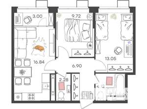2-к квартира, вторичка, 56м2, 13/21 этаж