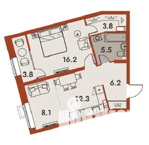 2-к квартира, вторичка, 55м2, 22/25 этаж