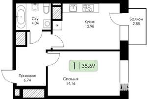 1-к квартира, строящийся дом, 39м2, 12/17 этаж