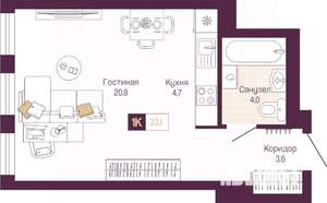 Студия квартира, вторичка, 33м2, 9/12 этаж