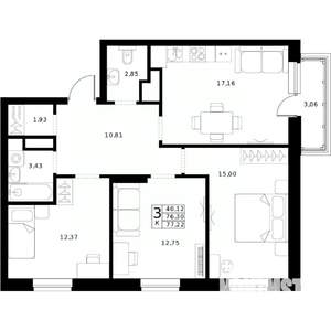 3-к квартира, строящийся дом, 77м2, 19/24 этаж