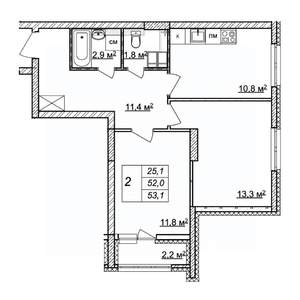 2-к квартира, строящийся дом, 53м2, 21/25 этаж