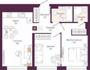 2-к квартира, вторичка, 56м2, 15/19 этаж