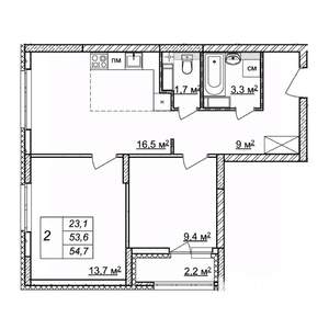 2-к квартира, строящийся дом, 55м2, 23/25 этаж