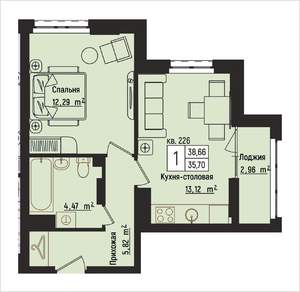 1-к квартира, вторичка, 39м2, 13/15 этаж