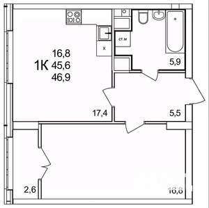 1-к квартира, строящийся дом, 47м2, 5/25 этаж
