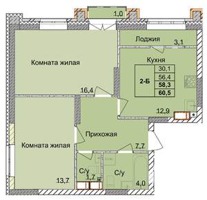 2-к квартира, вторичка, 58м2, 15/18 этаж