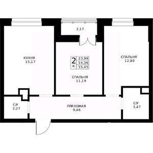 2-к квартира, строящийся дом, 55м2, 2/24 этаж