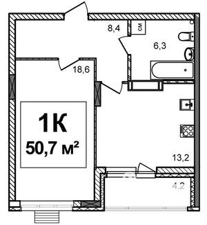 1-к квартира, строящийся дом, 51м2, 13/17 этаж