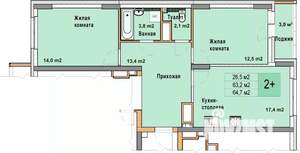2-к квартира, вторичка, 65м2, 20/25 этаж