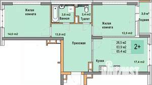 2-к квартира, вторичка, 65м2, 4/25 этаж