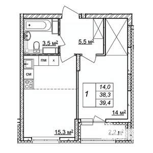 1-к квартира, строящийся дом, 39м2, 21/25 этаж