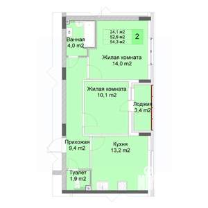2-к квартира, строящийся дом, 54м2, 1/10 этаж