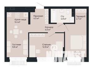 2-к квартира, строящийся дом, 55м2, 3/9 этаж