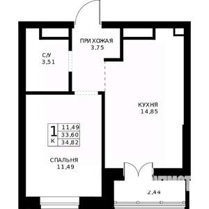 1-к квартира, строящийся дом, 35м2, 18/24 этаж