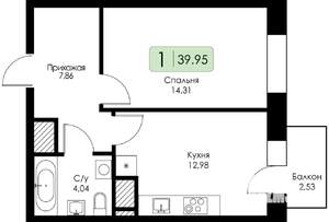 1-к квартира, строящийся дом, 40м2, 14/17 этаж