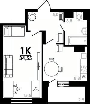 1-к квартира, вторичка, 35м2, 12/25 этаж