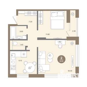 2-к квартира, вторичка, 52м2, 18/18 этаж
