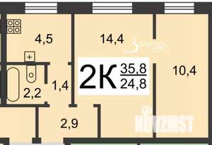2-к квартира, вторичка, 36м2, 1/2 этаж