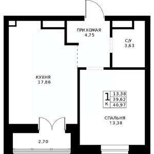 1-к квартира, строящийся дом, 41м2, 22/24 этаж