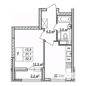 1-к квартира, строящийся дом, 32м2, 21/25 этаж