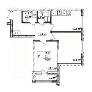 2-к квартира, строящийся дом, 53м2, 15/25 этаж