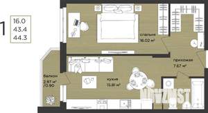 1-к квартира, строящийся дом, 44м2, 9/15 этаж
