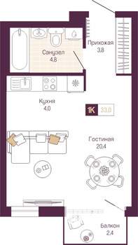 Студия квартира, вторичка, 34м2, 2/12 этаж