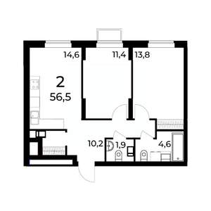 2-к квартира, вторичка, 57м2, 12/15 этаж
