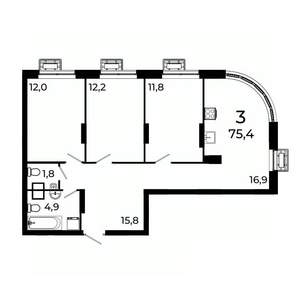 3-к квартира, вторичка, 76м2, 2/19 этаж