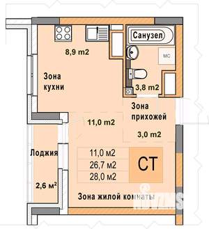 Студия квартира, вторичка, 28м2, 15/25 этаж