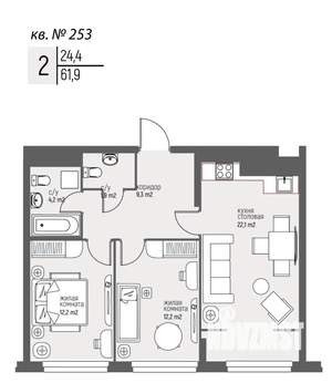 2-к квартира, вторичка, 62м2, 25/25 этаж