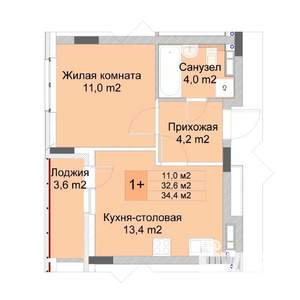 1-к квартира, строящийся дом, 34м2, 6/10 этаж