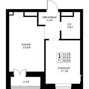 1-к квартира, строящийся дом, 37м2, 21/24 этаж