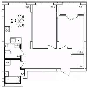 2-к квартира, вторичка, 58м2, 2/19 этаж