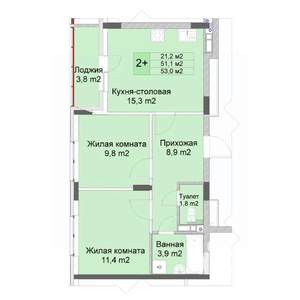 2-к квартира, строящийся дом, 53м2, 6/10 этаж