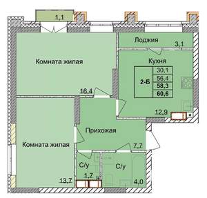 2-к квартира, вторичка, 58м2, 4/18 этаж