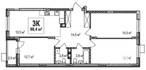 3-к квартира, строящийся дом, 88м2, 14/18 этаж