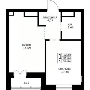 1-к квартира, строящийся дом, 37м2, 20/24 этаж